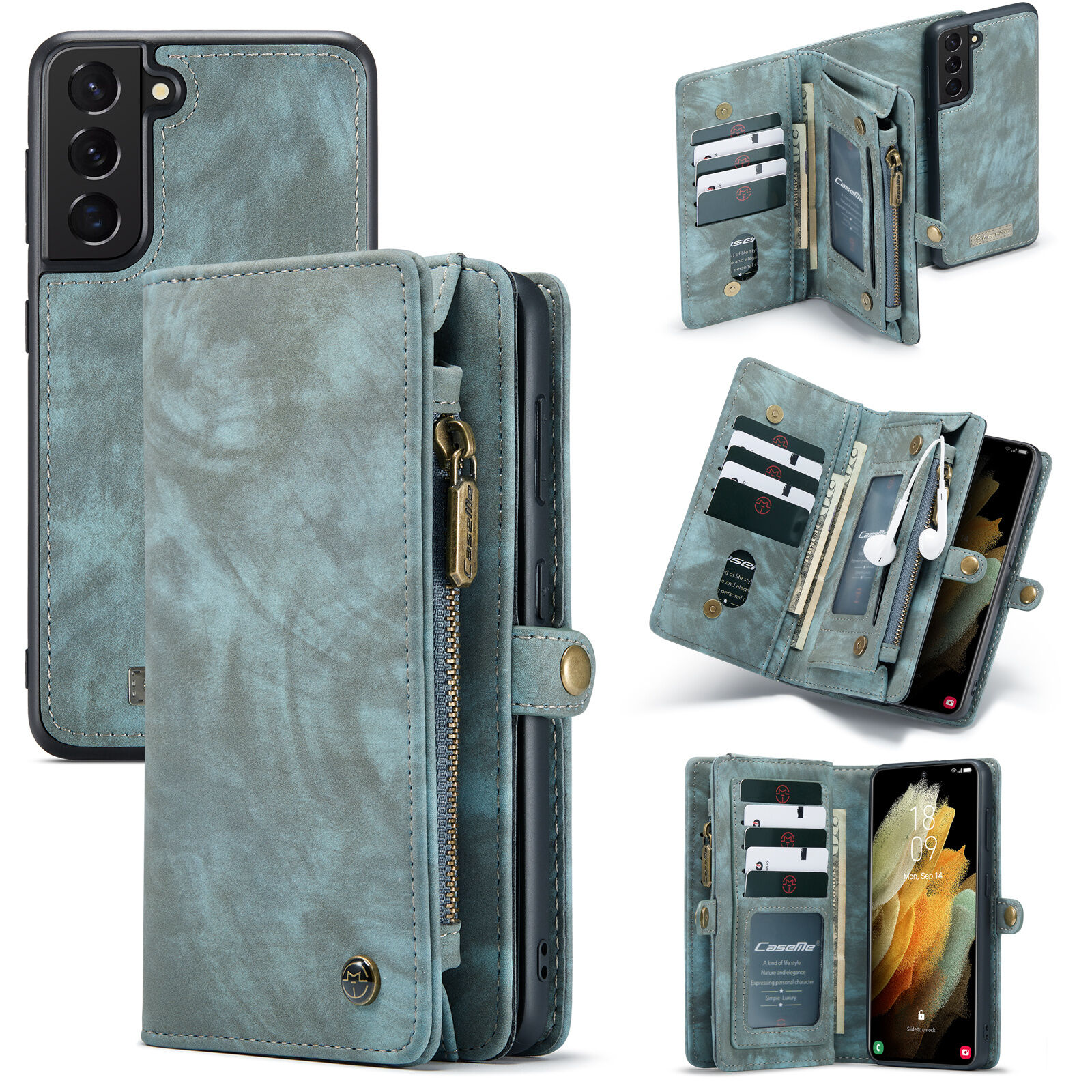 Caseme Vintage 2 in 1 portemonnee hoes Blauw voor de Samsung Galaxy S21