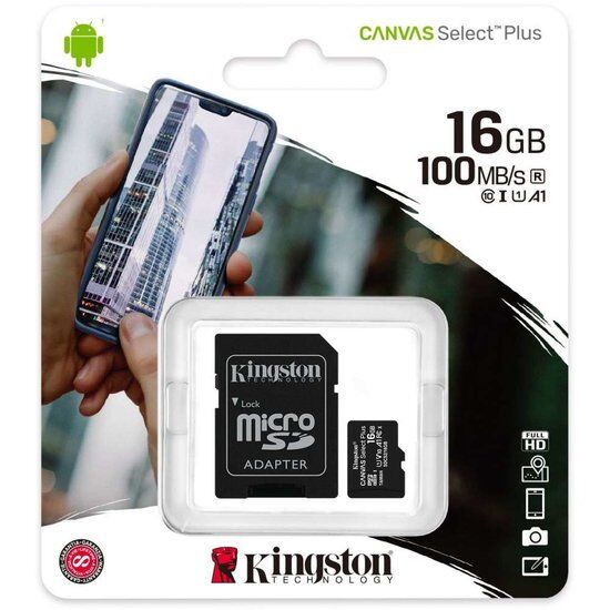 Kingston Canvas Select Plus Micro SD Kaart 10 UHS-I 16GB Opslagcapaciteit - inclusief SD adapter