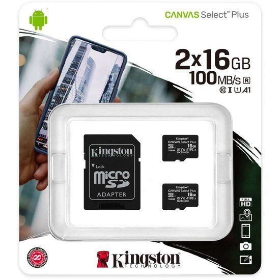 Kingston Canvas Select Plus Duopack Micro SD Kaart 10 UHS-I 16GB Opslagcapaciteit - inclusief SD adapter