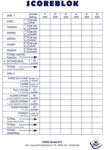 Haza Original scoreblok Yahtzee 50 vel - Wit