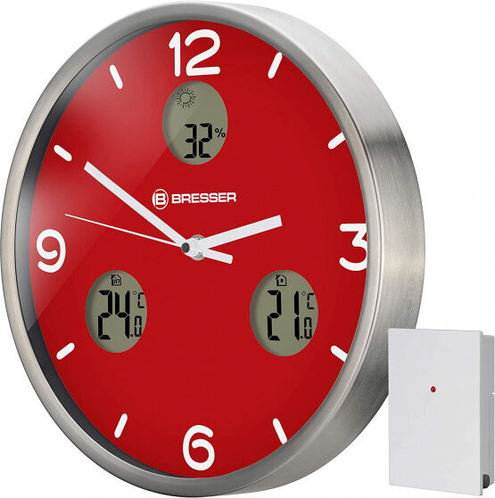 Bresser wandklok MyTime io NX 30 cm aluminium rood/zilver - Zilver,Rood