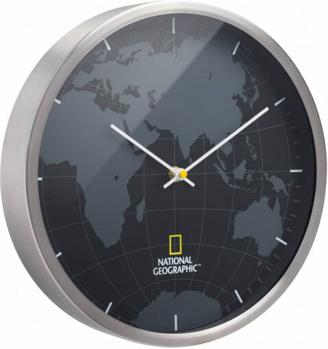 National Geographic wandklok wereldbol 30 cm aluminium zilvergrijs - Zilvergrijs