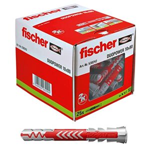 Fischer 538242 universele pluggen DuoPower 10 x 80 LD, voor bevestigingen in beton, metselwerk en geperforeerde steen, 25 stuks,grijs/rood