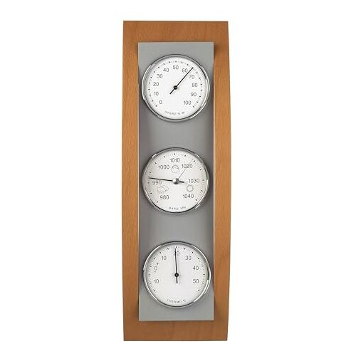 TFA Dostmann Analoog weerstation, van aluminium en hout, barometer, thermometer, hygrometer.