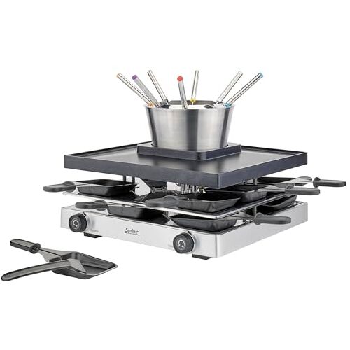 Spring Raclettefondue Classic Fondue Raclettecombi voor 8 personen, aluminium grillplaat met antiaanbaklaag en fonduepan, 8 x pannetjes, racletteschrapers, vorken, met afstelniveau, raclette grill