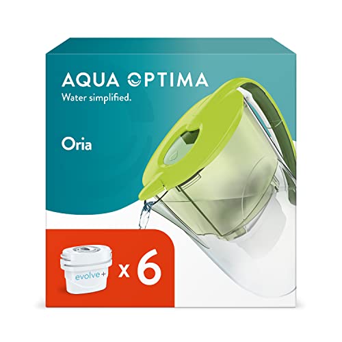 Aqua Optima Waterfilterkan, 6 x 30 dagen Evolve+ filterpatroon, Oria 2,8 liter capaciteit, voor vermindering van microplastics, chloor, kalkaanslag en onzuiverheden, groen