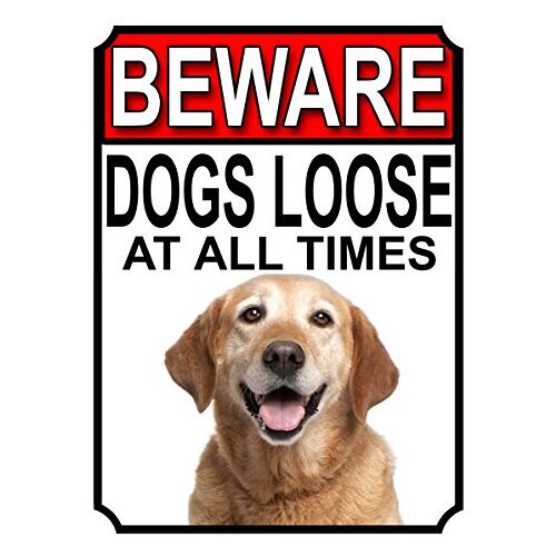 SHAWPRINT BEWARE HONDEN LOZE TEGELS METALEN TEKEN GEEL LABRADOR 200MM X 150MM (1027H1)