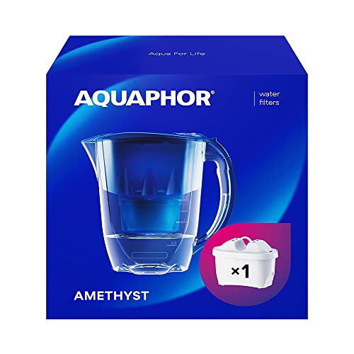 AQUAPHOR Waterfilterkan Amethyst Blauw 1 X MAXFOR+ Filter Inbegrepen I Capaciteit 2,8l I Past in de koelkastdeur I Vermindert Kalk Chloor & Microplastics