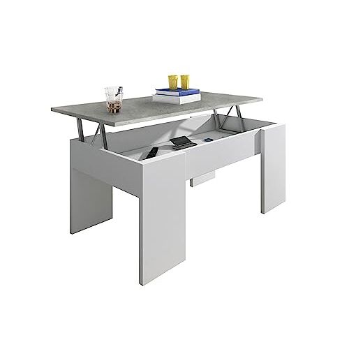 HOGAR24 ES In hoogte verstelbare salontafel, woonkamertafel, eettafel in wit en cement, afmetingen: 90 cm (B) x 50 cm (D) x 46 cm / 56 cm (H)