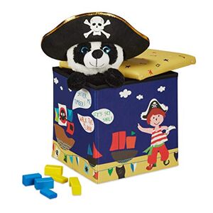 Relaxdays Kruk voor kinderen, piratendesign, zitkist opvouwbaar, met opbergruimte, zitkubus, h x b x d 31 x 31 cm, blauw-geel, 1 stuk