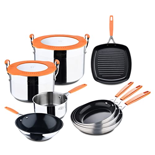 San Ignacio Compact, 10-delige pannenset, roestvrij staal en gesmeed aluminium, bevat pannen, wok, grillpan, potten en steelpotten, voor alle warmtebronnen