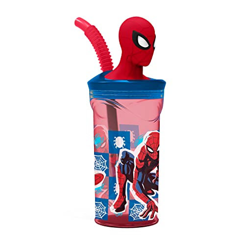 p:os 35478 Spiderman drinkbeker voor kinderen met geïntegreerd rietje, deksel en 3D figuur, drinkschaal met ca. 360 ml inhoud, ideaal voor koude dranken