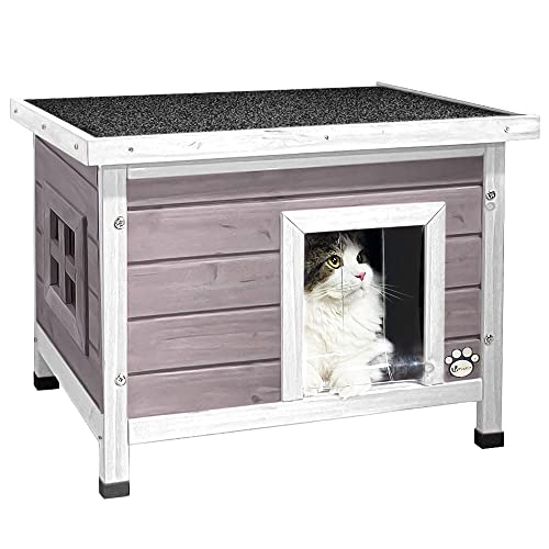 VOUNOT Houten Kattenhuis, Kattenhuis met Asfaltdak, Kattenhuis Buiten 57 x 45 x 43 cm, Grijs