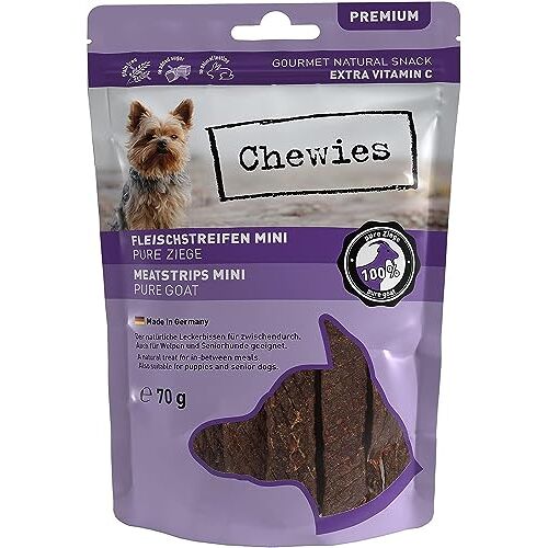 Chewies Vleesstrips mini van 100% geit 70 g vleesstroken voor honden gedroogd geitenvlees kauwstroken hypoallergeen en graanvrij droogvlees van de geit