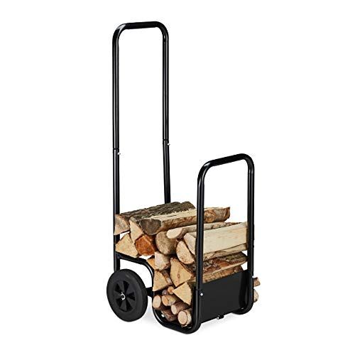 Relaxdays brandhout kar, houtkar van staal, 2 wielen, verrijdbaar, voor transport & als brandhoutrek, tot 40 kg, zwart