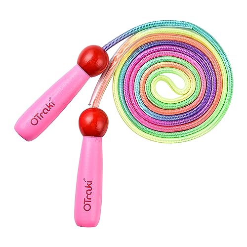 OTraki Regenboog springtouw kinderen, verstelbare springtouwen voor kinderen, houten handvat springtouw voor meisjes/jongens, oefening springtouw kind, roze & 2,5 m/8,5ft