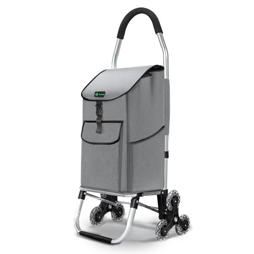 VOUNOT Boodschappentrolley met 6 wielen van aluminium met waterdicht vak, boodschappentrolley, opvouwbaar, 2-in-1, tas, trolley, trappen, grijs, 45 l