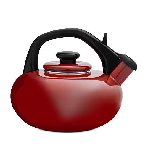 Forchetto Luna Emaille ketel rood, 2,5 liter fluitketel, inductie + gas-theeketel, modern design waterkoker, met pijp (rood)