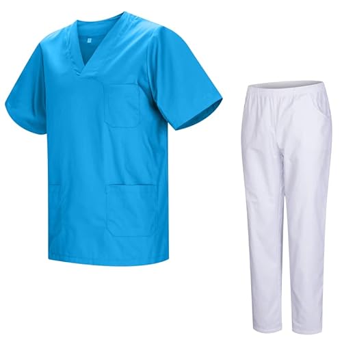 MISEMIYA Gezondheidsuniform unisex medische gezondheiduniformen met witte broek 817-8312-wit, Cyaan, XS