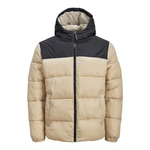 JACK & JONES JJETOBY Puffer Hood SN bufferjas, serviesgoed/Detail: Zwart Blokkering, L, Serviesgoed/Detail: Zwarte blokkering, L