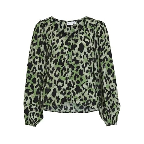 VILA Dames VIFINI V-hals L/S TOP/SU-NOOS shirt met lange mouwen, mineraal groen/AOP: KIA, 36, Mineraal Groen/Aop: kia, 36