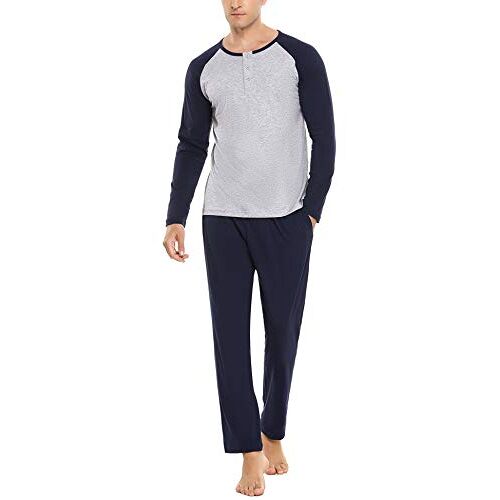 Sykooria Heren pyjama lange mannen warm katoen winterpyjama tweedelige set lange mouwen en pyjamabroek met zakken, grijs + marineblauw, XL