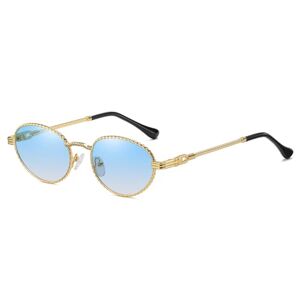 HPIRME Gouden metalen ovale zonnebril dames retro paars roze ronde zonnebril voor mannen gradiëntlens uv400 outdooraccessoires, goud met blauw, one size