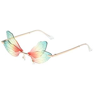 YOJUED Vlinder zonnebril met libelle vleugel onregelmatige bril voor dames en meisjes, rood/groen.