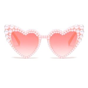 LJCZKA Aesthetische zonnebril met hartkralen voor dames, retro hartvormige zonnebril, parel, vrouwen, esthetische partybril, hartbril, bruiloft, uv-bescherming, roze/roze
