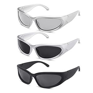 Lassuzie Y2K wrap around zonnebril voor heren en dames, 3 stuks golfbril, fietsen, autorijden, vissen, klimmen, oud, ovaal, zonnebril, Zwart en wit., Large