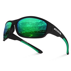 Queshark Gepolariseerde sportzonnebril voor dames en heren, fietsen, hardlopen, golf, vissen, wrap-around bril, Groen/Zwart