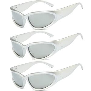 Long Keeper 3 paar wrap around zonnebril unisex sport rijden zonnebril futuristische trendy vintage zonnebril UV400 tinten voor mannen vrouwen, Zilver Zilver X 3 Paar