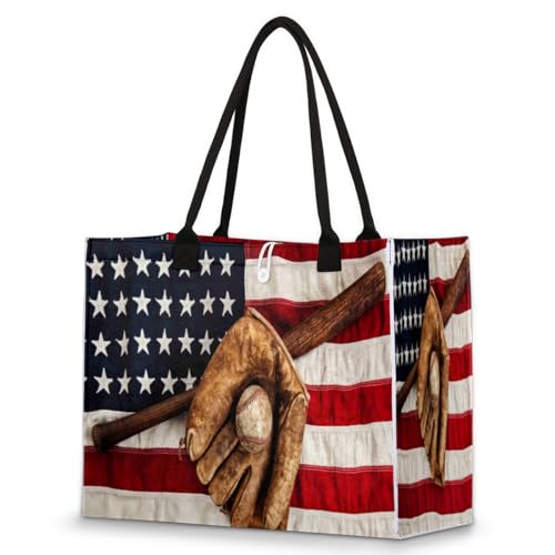 Tavisto Vintage Honkbal Amerikaanse Vlag Esthetische Tote Bag voor Vrouwen Grote Herbruikbare Boodschappen Winkelen Handtassen, Vintage Honkbal Amerikaanse Vlag, 16.5x6.7x13 inch