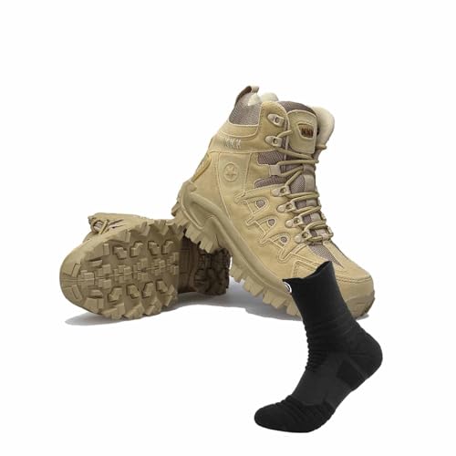 CLSQLXYJZC Militaire tactische gevechtslaarzen voor heren, lichtgewicht gevechtswerklaarzen met sportsokken Duurzame suède militaire werklaarzen Ademende woestijnlaarzen (Color : Brown, Size : 42 EU)