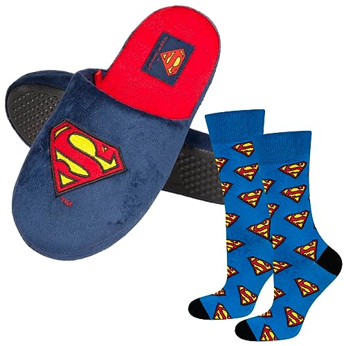 soxo DC Comics The Batman Superman Pantoffels Heren + Sokken Warmte Sloffen Cadeau Voor Mannen 45-46 Superman Pantoffels + Sokken 40-45