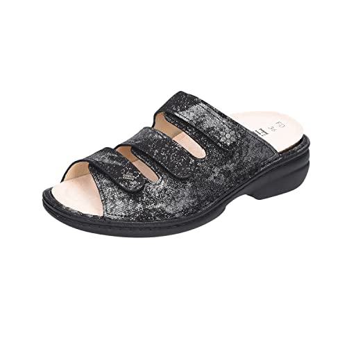 Finn Comfort Menorca-Soft Neroargento (zilverzwart) (grijs) muildieren damesschoenen muildieren / teenslippers, grijs, leer (antares), zwart, 38 EU Breed