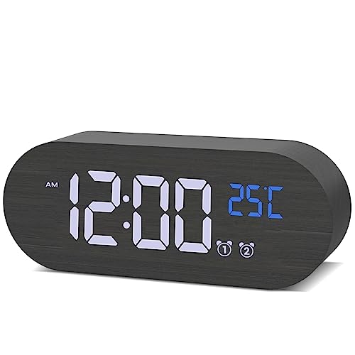 aboveClock Digitale wekker, led-wekker met 2 alarmen, 13 wekgeluiden, 5 volumes, digitale wekker in houtlook met groot led-display, dimbare helderheid, snooze, digitale nachtwekker met USB-voeding