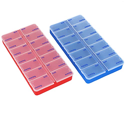 com-four ® 2X Medicijndosering in ENGELS Medicijnverpakking voor 7 dagen Pillendoos Tabletdoos Wekelijkse dosering voor opslag [ENGELS] (donkerblauw/rood)