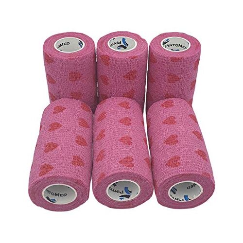 PintoMed 6 x Roze met Rode Harten Samenhangend Verband Cohesive Bandage 6 rollen x 10 cm x 4,5 m Zelfklevende flexibele verbanden, EHBO, sportverbandverbanden Pak van 6