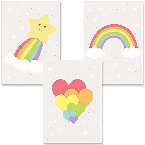 PREMYO 3 posters wanddecoratie – decoratie babykamer meisje jongen – regenboog ster hart dik papier A4