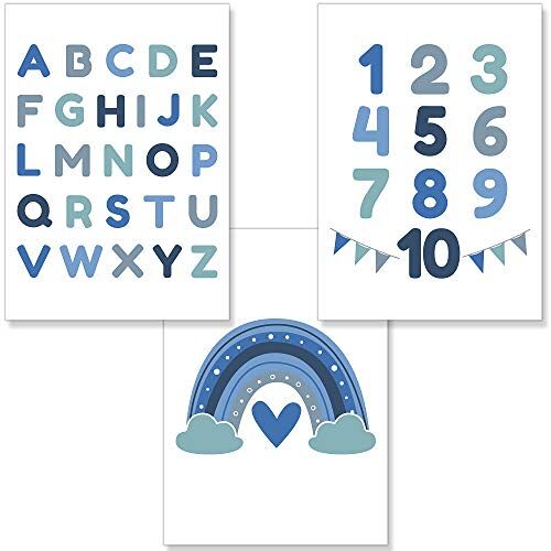 PREMYO 3 posters wanddecoratie – decoratie babykamer jongen – alfabet ABC regenboog blauw dik papier A4