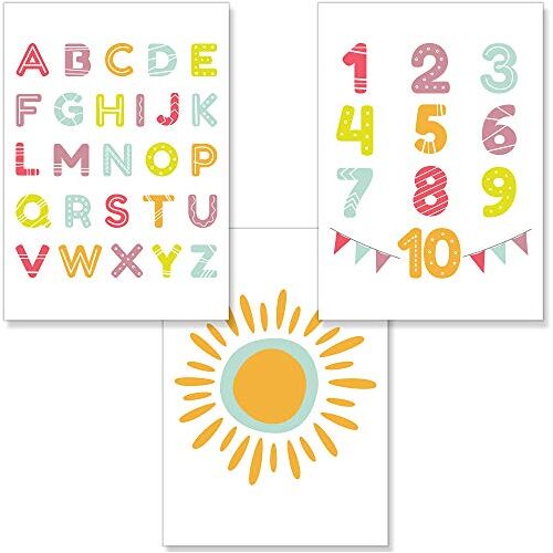 PREMYO 3 posters wanddecoratie – decoratie voor babykamer meisjes jongens – alfabet ABC zon dik papier DIN A4