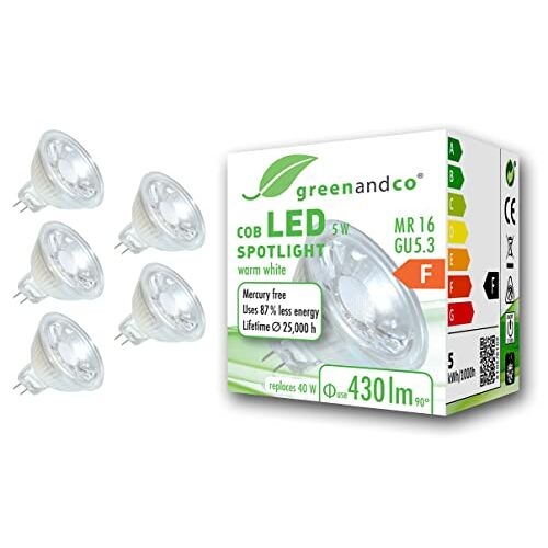 greenandco 5x ® LED-spot vervangt 40 Watt MR16 GU5.3 halogeenspot, 5W 430 lumen 3000K warm wit 38° 12V AC/DC, niet dimbaar