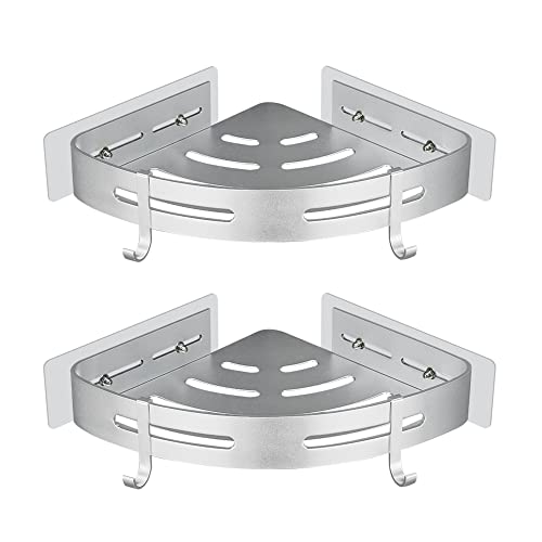 GERUIKE Douche Manden Badkamerplank Geen Boren Doucheplanken voor Badkamer Aluminium Badkamer Accessoires Doucheplank Hoekplank Douche Zuiging Badkamerplank 2 Tiers Zilver Driehoek