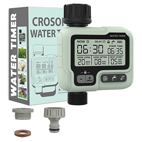 CROSOFMI Digitale watertimer, sproeier timer programmeerbaar met regenvertraging, tuinslangtimers voor water geven met groot LCD-scherm, handmatige irrigatiemodus, IPX5 waterdicht voor tuin gazon terras boerderij