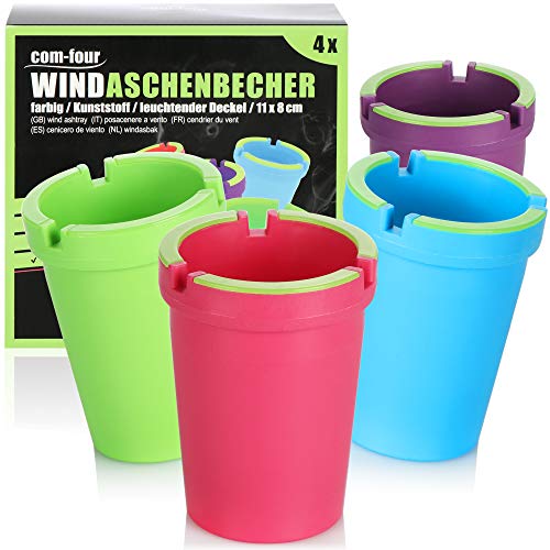 com-four ® 4x Asbakken voor buiten Winddichte asbak Storm-asbak met lichtgevend deksel Auto asbak Asbakken voor sigaretten Rookbak, Ø 8 cm (4 stuks paars roze blauw groen)