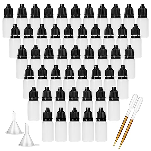 DONQL 50 stuks oogdruppelflesjes 10ml, druppelfles, knijpfles, vloeibaar, druppelfles, 10 ml flessen voor vloeistof met 2 stickers en 2 trechters en 2 reageerbuisjes