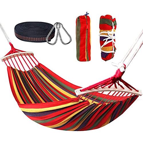 Nakeey Dubbele hangmat, 280 x 150 cm, outdoor hangmatten, staafhangmat voor reizen, camping, wandelen, tuin, draagbaar en ademend, belastbaar tot 300 kg, rode strepen