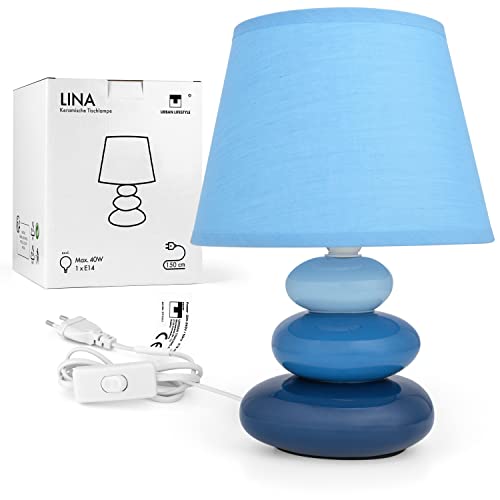 Urban Lifestyle Bedlampje "Lina blauw) tafellamp keramische tafellamp met stoffen kap, geschikt voor LED, E14, 230V keramische tafellamp, bedlampje, banklamp, vensterbanklampen