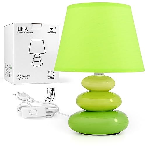 Urban Lifestyle Bedlampje "Lina groen) tafellamp keramiek tafellamp met stoffen kap, geschikt voor LED, E14, 230V keramische tafellamp, bedlampje, sofalamp, vensterbank lampen